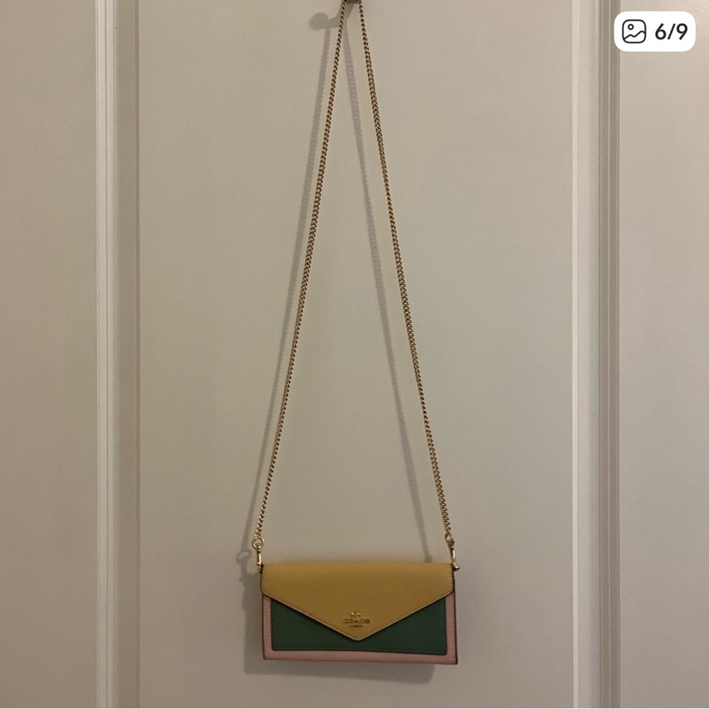 Coach Yellow,Green & Pink color block envelope wallet with Crossbody chain